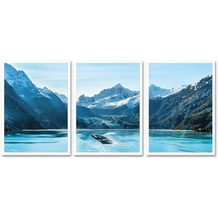 queence Bild mit Rahmen »Gebirge - See - Wal - Gerahmter Digitaldruck - Wandbild«, Gebirge/See (3er-Set), 3x 30x40 cm - Holzrahmen - Dekoration - Weißer Rahmen - Triptychon blau