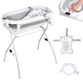 moovkee. Baby Badewanne mit Gestell 80cm – Babybadewanne Faltbar Grau | mit Thermometer, Badekissen und Abflusssystem - Babywanne mit Ständer Sicher für Ihr Neugeborenes