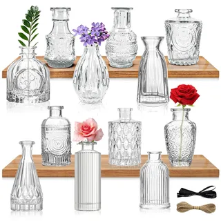 YUTUY Kleine Vasen Set,12St Kleine Glasvase, Vintage Deko Vasen Mini Vasen Set Tischvase Verschiedene Groessen Blumenvase für Tischdeko Mittelstücke, Hochzeitsdekorationen Blumen Deko