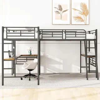Idemon 90 * 200cm Hochbett, Zwei Etagenbetten, Tisch unter dem Bett, Doppeltreppe, hohes Geländer (schwarz)