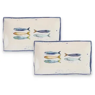WestCraft Speiseteller Teller, mediterran mit Sardinen-Motiv, Maritime Servierplatte 25×15cm, (2 St), 2er Set, hochwertig und robust - langlebig und vielseitig einsetzbar weiß