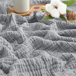 Sanfte Musselin Decke, Muselindecke Erwachsene Sommer, Leicht und Weich BIO Musselindecke aus Baumwolle, 6-lagige Musselin Bettdecke als Couch, Tages, Sommer oder Kinderdecke,Hellgrau:130*150cm