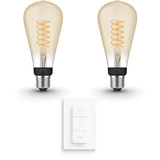 Philips Hue Vorteilspaket - E27 - mit 2 Filament Edison Glühbirnen Groß (ST72) - Warmweißes Licht - inkl. 1 Hue Dimmschalter - Hue White Filament