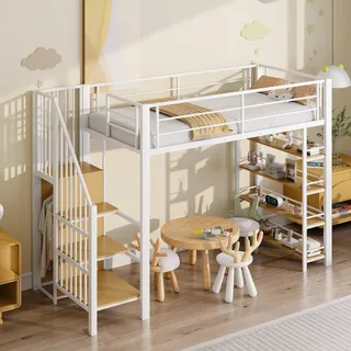 Merax Hochbett 90x200 cm, Metall, Treppe, Kleiderschrank, Stauraum, Weiß | Metallbett mit hohem Schutzgeländer und Einlegeböden – platzsparend mit Schlafbereich und praktischer Aufbewahrung
