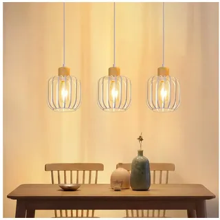 ZMH Pendelleuchte Grau & Weiß 3-flammige, E27, Holz+Eisen, für Esszimmer & Küche, ohne Leuchtmittel, Offener Lampenschirm, maximal 25 W pro Kopf, ohne Glühbirne weiß
