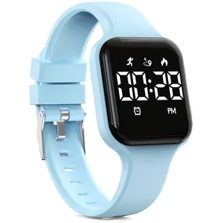 Focwony Digitale Kinderuhr, Schrittzähler, wasserdicht, Fitness-Tracker, Armbanduhr mit Schrittzähler, LED-Anzeige, Stoppuhr für Kinder, Jungen, Mädchen, Teenager (Hellblau)