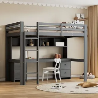Odikalo Kinderbett Hochbett Stauraum Tisch Regal Schubladen Geländer 90x200cm Grau - Grau