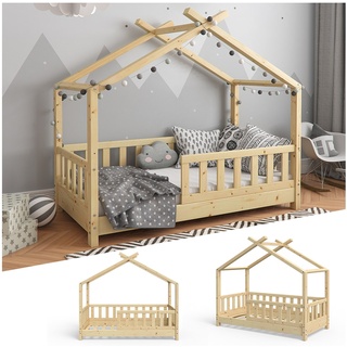 VITALISPA Kinderbett Hausbett DESIGN 70x140cm Natur Zaun Kinder Holz Haus Hausbett