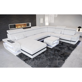 Sofa Dreams Wohnlandschaft Ledersofa Bologna XXL U Form Leder Sofa, Couch, mit LED, wahlweise mit Bettfunktion als Schlafsofa, Designersofa schwarz|weiß