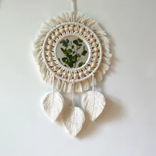 Beigefarbener Boho-wandspiegel Mit Makramee-fransen Und Federanhänger Aus Holzperlen, Runder Kunst-wandspiegel Für Schlafzimmer Und Flur