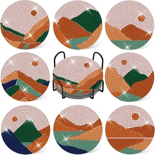 HNOOM 8 Stück Diamond Painting Untersetzer, DIY Diamond Painting Coasters mit Halter, Tassenuntersetzer zum Basteln, Diamant Painting Runde Glasuntersetzer Kit für Getränke, Tassen, Vasen (007)