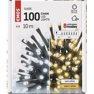 EMOS LED-Lichterkette Kaltweiß + Warmweiß für Innen und Außen, 8 Lichtmodi, 10m lange IP44 Weihnachtslichterkette mit 100 LEDs + 5m Zuleitung und Netzteil, für Party, Weihnachten, Deko