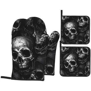 Ofenhandschuhe und Topflappen, Motiv: schwarzer Totenkopf, hitzebeständig, mit rutschfestem Griff für Grillen, Backen, Kochen