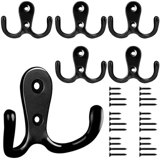 Bolatus 6 Stück Kleiderhaken, Haken Garderobe Doppelt Wandhaken Retro Haken Wand Metall Schwarz Kleiderhaken Vintage mit 24 Schrauben für Garderobenhaken Badezimmer Küche