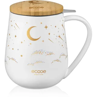 ecooe Teetasse mit Deckel und Sieb, 600 ml Keramik Große Teetassen, Weiß | 600 ml Große, Weiß Keramik Teebecher, mit Teesieb/Deckel/Henkel, mit Geschenkbox, Weihnachten Pärchen Geschenke