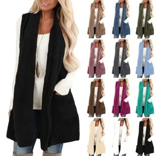 Meine Bestellungen Anzeigen Teddy Weste Damen Lang Fleeceweste Ärmellos Winterweste Elegant Longweste Fleece Strickjacke Winter Teddyjacke Einfarbig Plüschweste Kuschelig Fleecejacke Locker Westen - XL