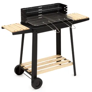 SPRINGOS Holzkohlegrill mit höhenverstellbarem Rost und Drehspieß Schwarz/Braun
