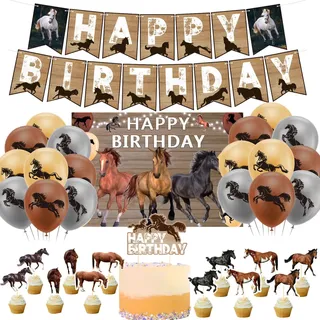 Pferd Geburtstagsparty Zubehör Set mit Pferd Thema Happy Birthday Banner Ballon Kuchen Topper Cupcake Topper Hintergrund für Pferde Party Dekoration