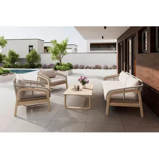 Ambia Garden Loungegarnitur, Braun, Beige, Holz, Metall, Textil, 4-teilig, Akazie, massiv, Füllung: Polyester, einzeln stellbar, Bsci, FSC 100%, gastro- und objekttauglich, Loungemöbel, Gartenlounge-Sets