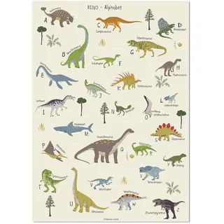 scriptum Poster ABC Dinosaurier Deutsch – Lernposter Kinderzimmer 50x70 cm – Alphabet Wandbild für Kinderzimmer – Premium Papier - 200g - Weiß