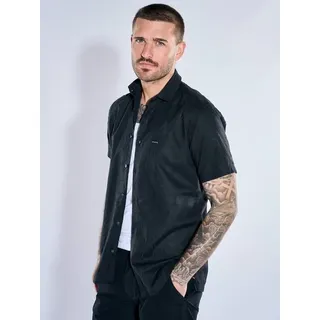 emilio adani Herren Kurzarmhemd mit Blumen-Stickerei Schwarz regular uni Haifisch - XL