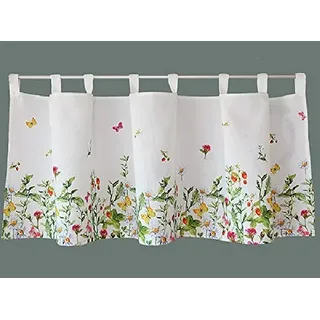 Raebel OHG Scheibengardine Bistrogardine Küchengardine Gardine Panneaux Bunte Schmetterlinge und Blumen auf weissem Untergrund (60 x 120 cm)