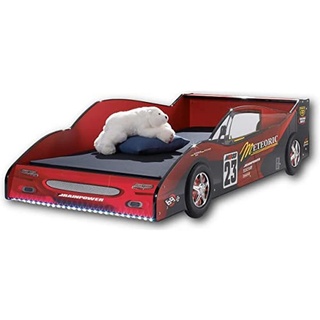 METEOR Rennauto-Bett mit LED-Beleuchtung 90 x 200 cm - Aufregendes Autobett für kleine Rennfahrer in Rot-Schwarz - 97 x 56 x 216 cm (B/H/T)