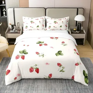 Loussiesd Erdbeere 100% Baumwolle Bettwäsche Set 135x200cm Kawaii Bettbezug Set für Nette Betten Set Anime Betten Set Weiß Bettwäsche-Set