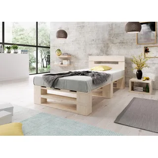 Lermowood Palettenbett M2 aus Holz 100 x 200 cm Natur mit Kopfteil Holzbett 30cm Stabiles Seniorenbett Kinderbett Jugendbett Gästebett erhöhtes Einzelbett Bettgestell Futonbett Komforthöhe Naturholz