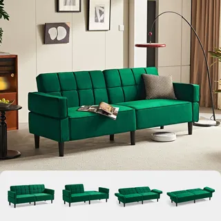 LINSY HOME Sofa mit Schlaffunktion, Schlafsofa mit Verstellbarer Rückenlehne Armlehnen, 3 Sitzer Sofa mit Bettfunktion aus Samtstoff, 230 x 100 cm Liegefläche, Ideal für Wohnu (Grün)