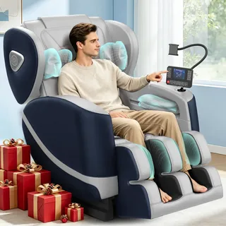 Ganzkörper Massagesessel mit Rollen & Airbags für Massage, Zero Gravity mit Bluetooth Lautsprecher und Touchscreen, Heizfunktion für Taille & Beine, mit Fußmassage für Hause/Büro (Blau + Grau)