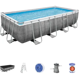 BESTWAY Power Steel Frame Pool Set 488 x 244 x 122 cm inkl. Filterpumpe grau Rattanoptik