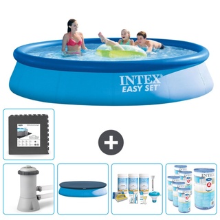 Intex runder aufblasbarer Easy Set-Schwimmpool – 396 x 84 cm – Blau – inklusive Pumpe Abdeckung - Wartungspaket - Filter - Bodenfliesen