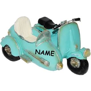 alles-meine.de GmbH Spardose - Roller/Motorrad mit Seitenwagen/Oldtimer - türkis blau - incl. Name - stabile Sparbüchse aus Kunstharz - Fahrzeug Sparschwein lustig witzig..