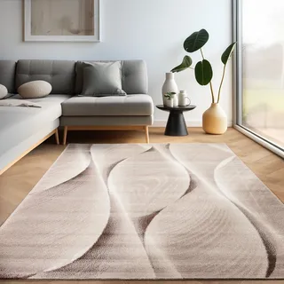 Carpettex Teppich 120x170 cm Beige Holzoptik Wellen Kurzflor Waschbar