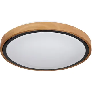 Deckenleuchte Wohnzimmerlampe Holzleuchte, Landhaus, CCT, Metall Holz, schwarz opal, rund, 1x LED 12W 530lm warmweiß-tageslichtweiß, DxH 30,7x9 cm