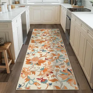 Siunwdiy Blumenmuster Teppich Läufer rutschfest Waschbar 60 x 180 cm Flurteppich läufer lang Küchenteppich Teppichläufer für Bettvorleger Eingangsbereich Waschküche Flur Deko