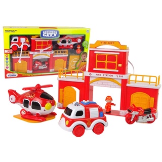 LEAN Toys Spielzeug-Auto Feuerwehr Wache Auto Helikopter Sound Sirene Motorrad Spielzeug rot