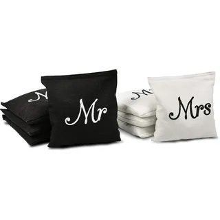 GoSports Zubehör Sitzsack-Set mit Cornhole-Motiv für Hochzeiten, 8 Stück, inkl. 4 schwarzen Mr-Taschen und 4 weißen Mrs-Tüten