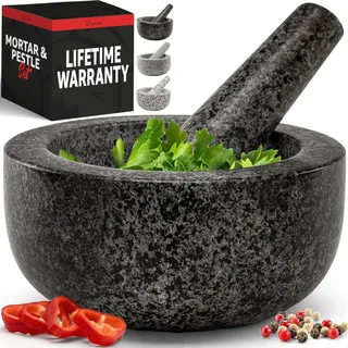 Robustes großes Mörser und Stößel-Set, handgeschnitzt aus natürlichem Granit, machen Sie frische Guacamole, Salsa, Pesto, Steinmühlenschale, Kräuterzerkleiner, Gewürzmühle, 16,3 cm, schwarz
