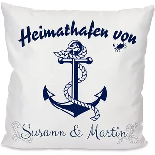 Unikatolo Kissen Heimathafen, Anker mit Namen, Namenskissen, Geldgeschenk Hochzeitsgeschenk, Deko, inkl. Füllung 40 x 40 cm