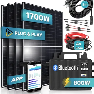 sunniva SUNNIVA® Balkonkraftwerk 800W komplett Steckdose - TSUN Micro Wechselrichter - PV Solaranlage Komplettset, 4x 425W (1700W) Solarmodule, inkl.5m Kabel, Y-Verteiler, Bluetooth, WIFI