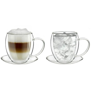 Creano Teeglas Creano doppelwandiges Thermoglas 250ml, 2er-Set, großes hitzebeständig, Borosilikatglas, Mit Untertasse und Henkel weiß