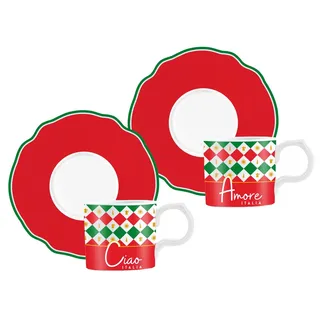 BIALETTI Espressotasse Espressotasse mit Untertasse 2'er Set Porzellan Bialetti Ciao Italia, Material: Porzellan bunt