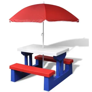 Kinderpicknicktisch mit Bänken und Sonnenschirm Gartentisch für Kinder Outdoor Kindermöbel Terrasse Garten Stahl Polypropylen 67 cm Rot Blau Weiß