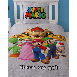 MTOnlinehandel Bettwäsche Super Mario 135x200 + 80x80 cm, 100 % Baumwolle, Flanell, 2 teilig, lizenzierte Nintendo Biber Bettwäsche für Kinder & Teenager bunt|grau
