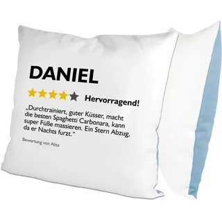 glitzertassen.de® | Personalisierte Bewertung | personalisiertes Kissen mit Spruch | Geschenk | Kissen mit Druck | Liebe | Deko Kissen | Fotokissen für Freunde | Kuschelkissen | Weiß/Blau