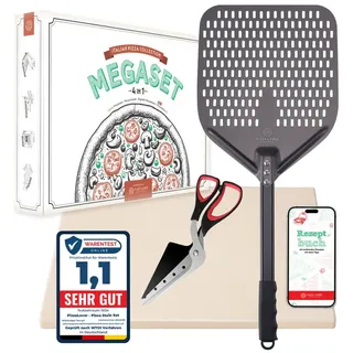 Pizza Lover Pizzastein Pizzastein-Set für den Backofen 4in1 Pizzaschieber + Schere, (4in1, Pizzastein aus Cordierit, harteloxierte Pizzaschaufel, Pizzaschere), 4in1 Pizzastein-Set mit Pizzaheber weiß Schere