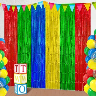 2er Set Lametta Vorhang Bunt - Super Klempner Videospiel Party Deko für Kindergeburtstag, Glitzer Fransen Fotowand Hintergrund für Bros Gamer Motto, Level Up Partyzubehör Rot Blau Grün Gelb