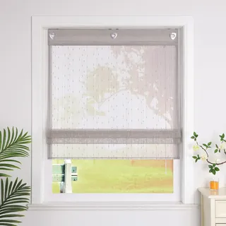 SCHOAL Raffrollo mit Ösen Raffgardinen mit Wassertropfen Halbtransparent Ösenrollo Landhaus Gardine Leinen Vorhänge 1 Stück BxH 60x140cm Grau